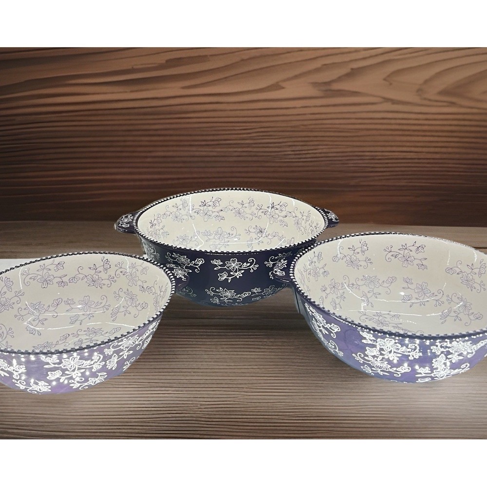 NEW 3 Temptations By Tara Purple Floral Lace 2-3-4 Qt Bowls Handled Serving MINT